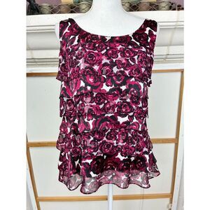 WHBM Pink Rose Print Romantic Dark Floral Tiered chiffon Pink Blouse🌹